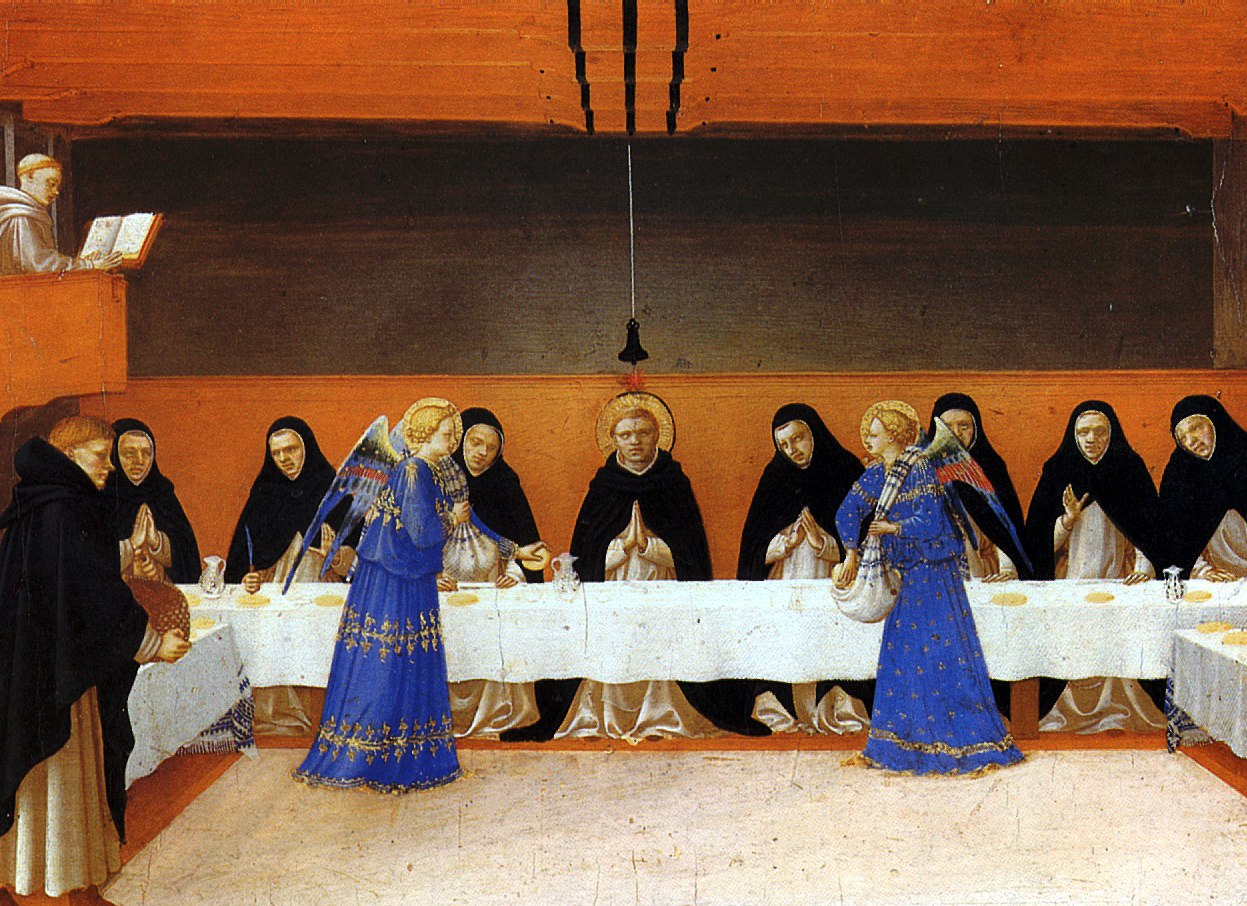 Angels cross food to friars.